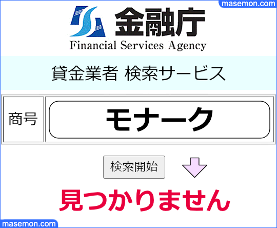 金融庁でモナークの貸金業登録を調べる