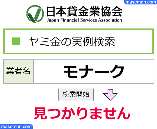 日本貸金業協会で調べる：「モナーク」はヤミ金である
