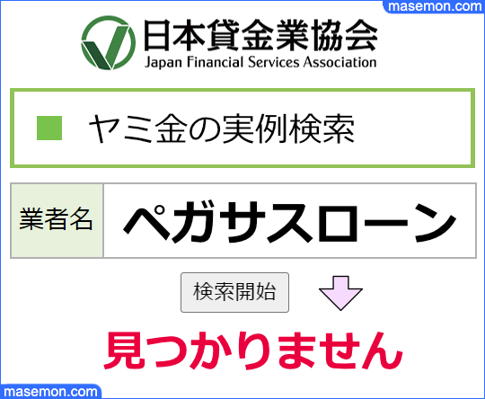 日本貸金業協会で調べる：「ペガサスローン」はヤミ金である