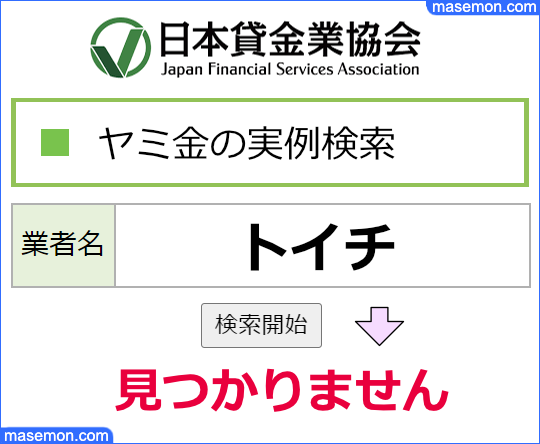 日本貸金業協会で調べる：「スーパー闇金トイチ」はヤミ金である