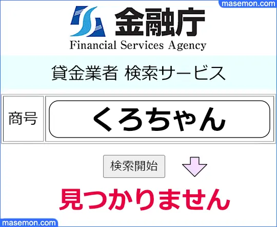 金融庁で「くろちゃん 融資」の貸金業登録を調べる