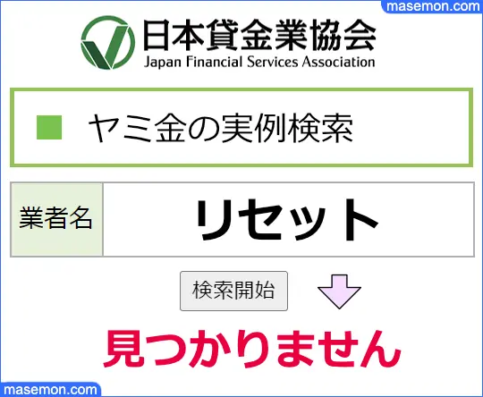 日本貸金業協会で調べる：「個人融資 リセット」はヤミ金である