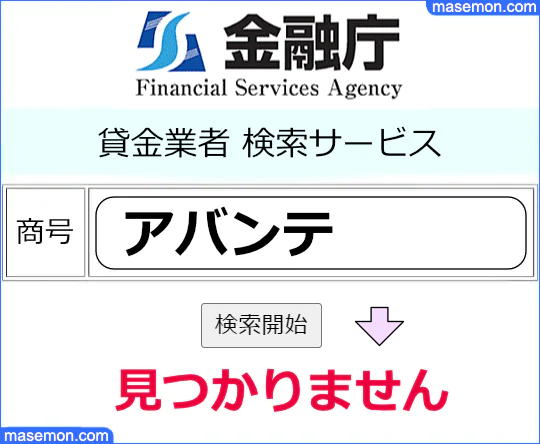 金融庁で「ソフト闇金アバンテ」の貸金業登録を調べる