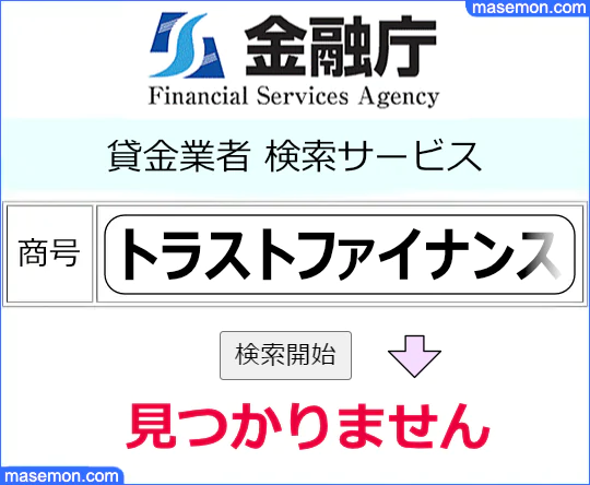 金融庁で「ソフト闇金 トラストファイナンス」の貸金業登録を調べる