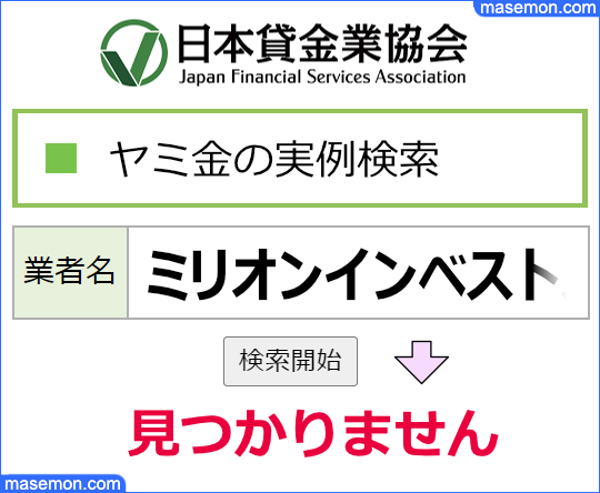 日本貸金業協会：ヤミ金被害情報にて「ミリオンインベストメント」を調べる