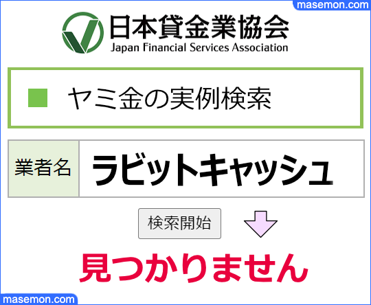 日本貸金業協会で「ソフト闇金ラビットキャッシュ」を調べる